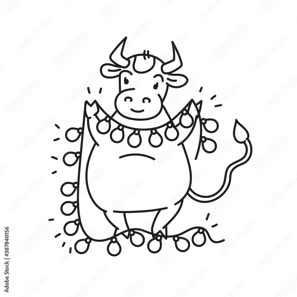 White metal bull with garland lantern - chinese new year symbol or logo for kids stickers White metal bull with garland lantern - chinese new year symbol or logo for kids stickers