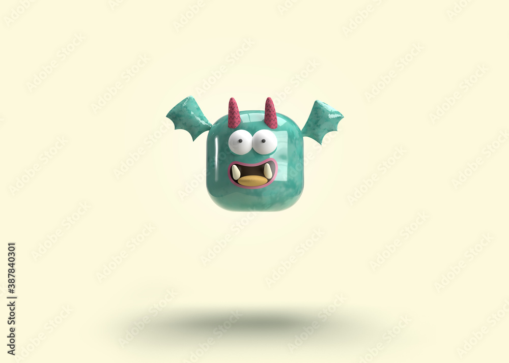 Illustration 3D d'un monstre volant avec un large sourire sur fond isolé
