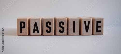 word PASSIVE, inscription on wooden cubes on white background