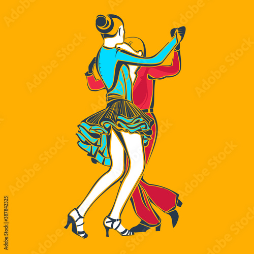Ballroom dancing, dancing couple. The girl and the boy are dancing. Bright illustration on an orange background. Linear illustration.