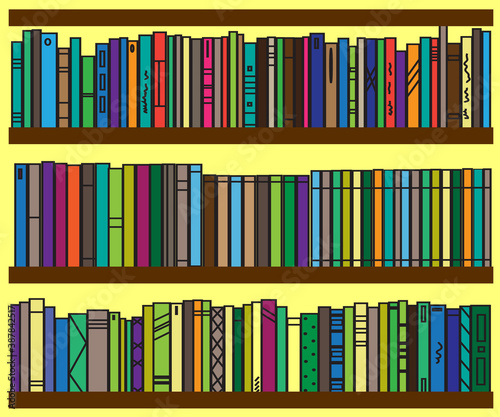 Bookshelf. Collection of various books. Signs and Symbols. Vector illustration.