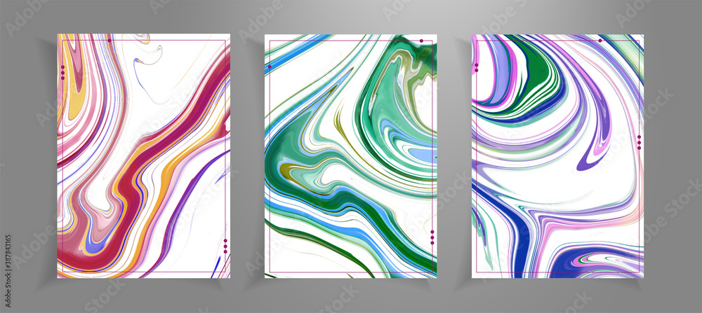 Flyer cards template with multicolor fluid abstract background. Fluid marble texture set. Set of three cards for print and web design. Purple waves Flyer cards template with multicolor fluid abstract background. Fluid marble texture set. Set of three cards for print and web design. Purple waves