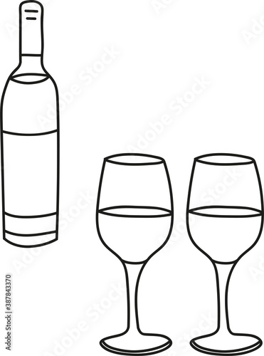 drawing of a bottle with wine and glasses in doodle style