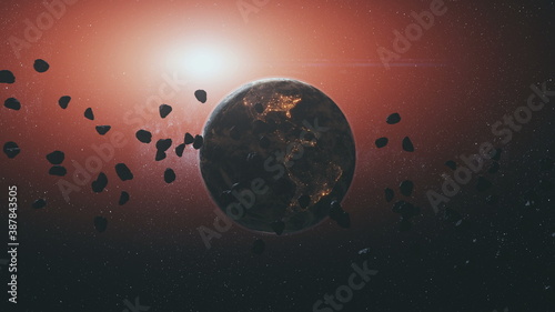 Space meteorites rocks silhouette against rotating Earth planet by red sun light in outer space. Asteroids stones at Solar system in open cosmos. Meteors orbital scenery in 3d animation background