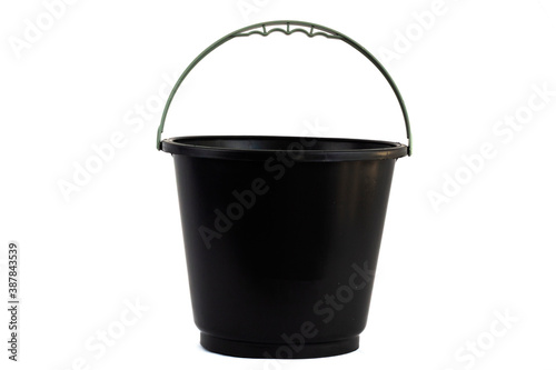 Black bucket, Reinforced for cleaning or construction work, isolated in white background, pail, tube, bailer, container