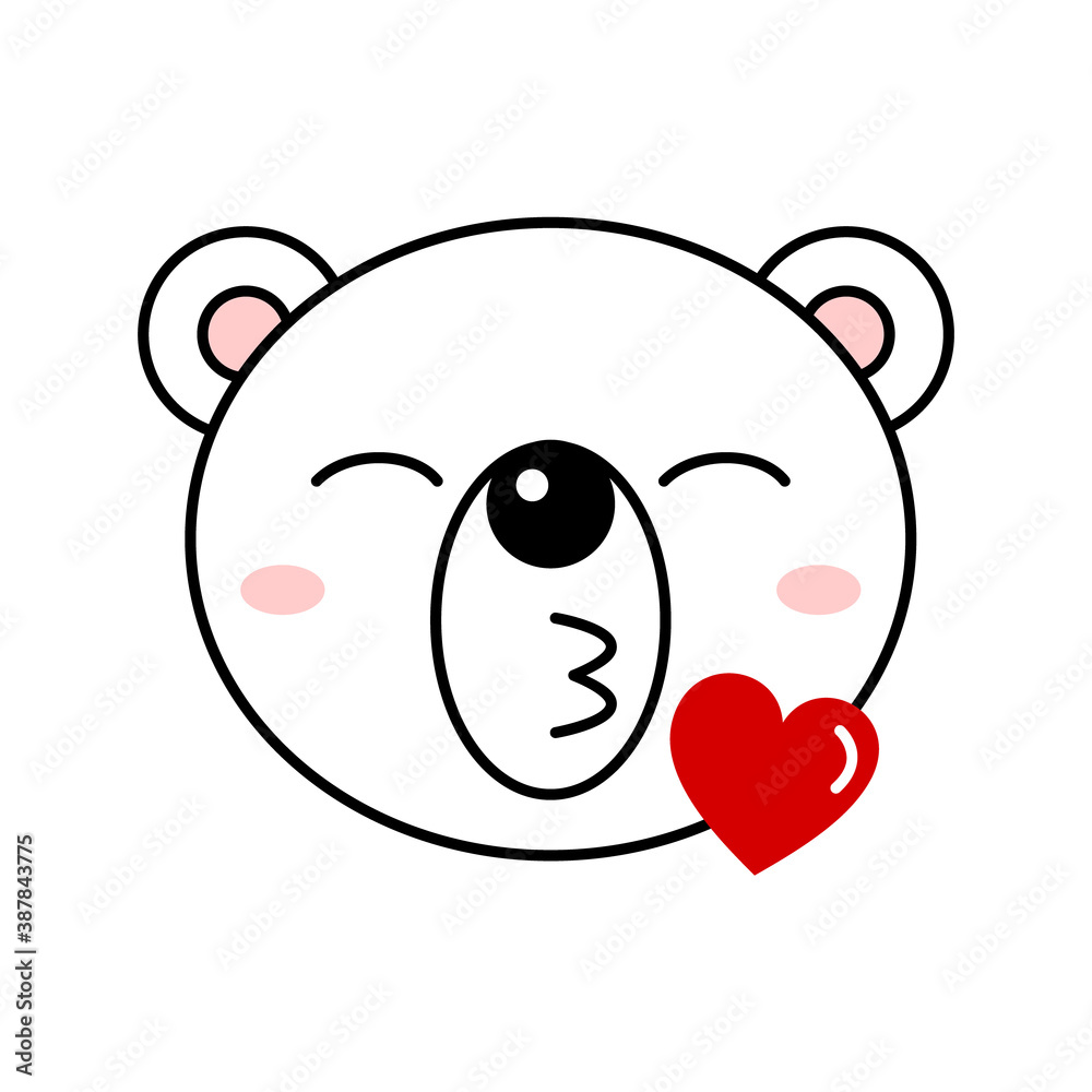 Polar bear kiss emoji. Cute polar bear sending kisses emoticon. Cute animal character blow kiss with heart. Funny white bear in love. Romantic kawaii ice bear. Vector illustration, flat, clip art. Polar bear kiss emoji. Cute polar bear sending kisses emoticon. Cute animal character blow kiss with heart. Funny white bear in love. Romantic kawaii ice bear. Vector illustration, flat, clip art.