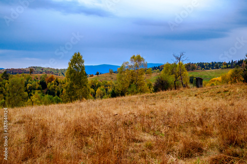 Colorful autumn landscape in the Romanian Carpathians, Fantanele village, Sibiu county, Cindrel mountains, 1100m, Romania