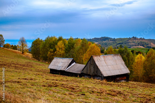 Colorful autumn landscape in the Romanian Carpathians, Fantanele village, Sibiu county, Cindrel mountains, 1100m, Romania