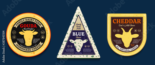 Vector cheese labels and packaging design elements. Cheese detailed illustrations