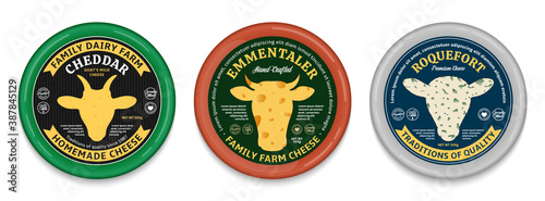 Vector cheese modern style creative round labels and different types of cheese detailed patterns. Cow, sheep, and goat icons