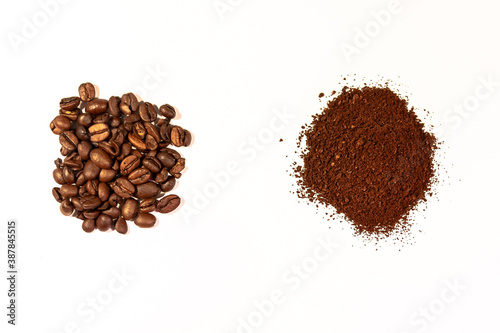coffee beans and ground on a white background