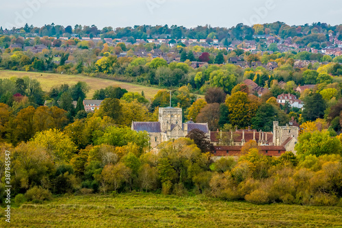 A panorama view from St Catherines Hill at Winchester, UK in Autumn