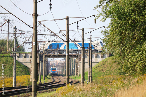 freight electric locomotive departs from the station 