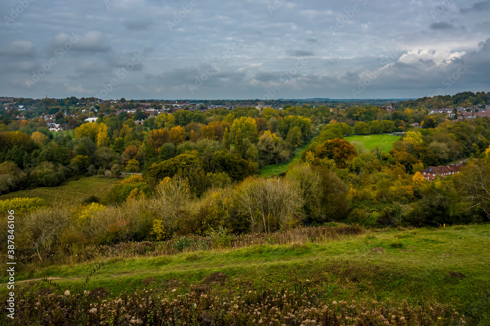 A panorama view north from St Catherines Hill towards Winchester, UK in Autumn