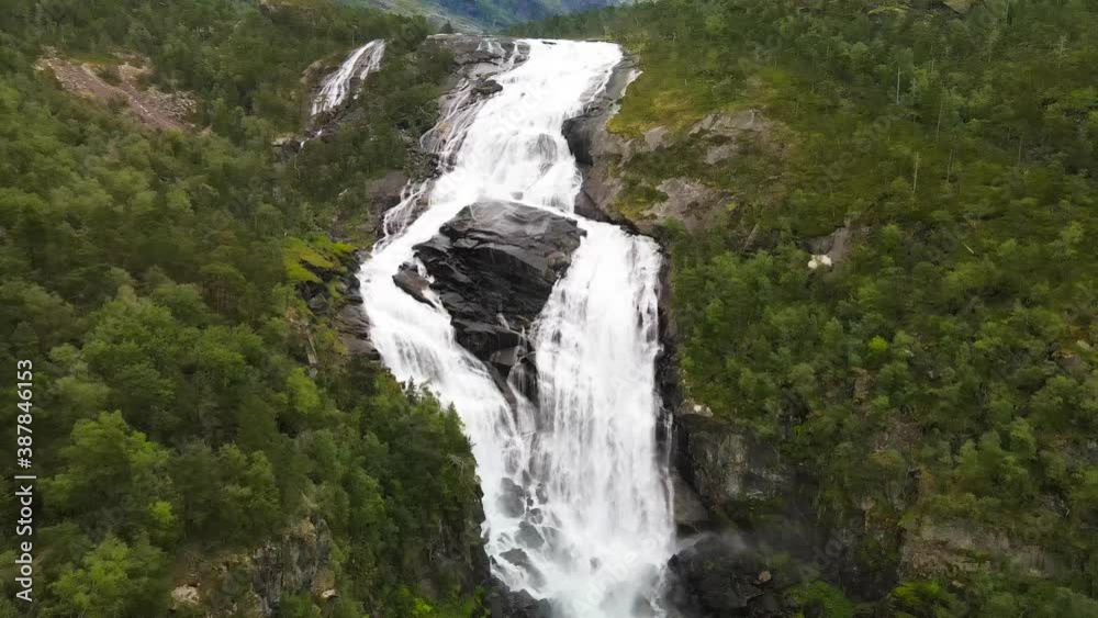 Nyastolfossen falls, waterfall in Husedalen valley, Kinsarvik, Norway