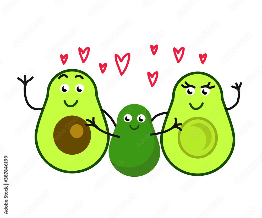 Obraz premium Happy family of avocados. Cartoon. Vector illustration.