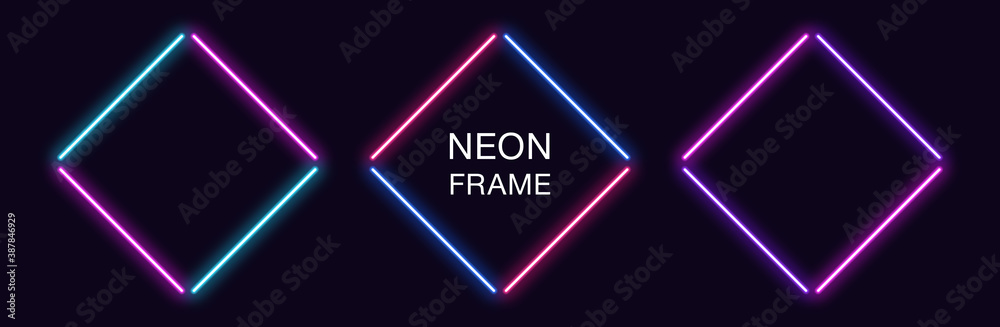 Neon rhomb Frame. Set of rhombus neon Border in 4 outline parts. Geometric shape