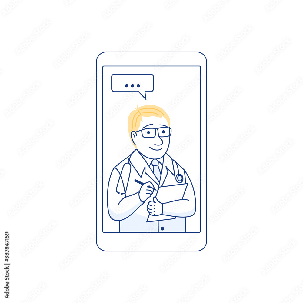 Male therapist on chat in smartphone messenger online consultation. Ask doctor concept with checklist. Online medical advise consultation service tele medicine cardiology Flat line vector illustration