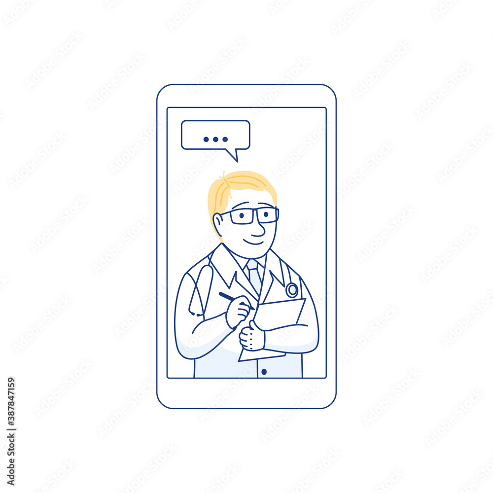 Male therapist on chat in smartphone messenger online consultation. Ask doctor concept with checklist. Online medical advise consultation service tele medicine cardiology Flat line vector illustration Male therapist on chat in smartphone messenger online consultation. Ask doctor concept with checklist. Online medical advise consultation service tele medicine cardiology Flat line vector illustration