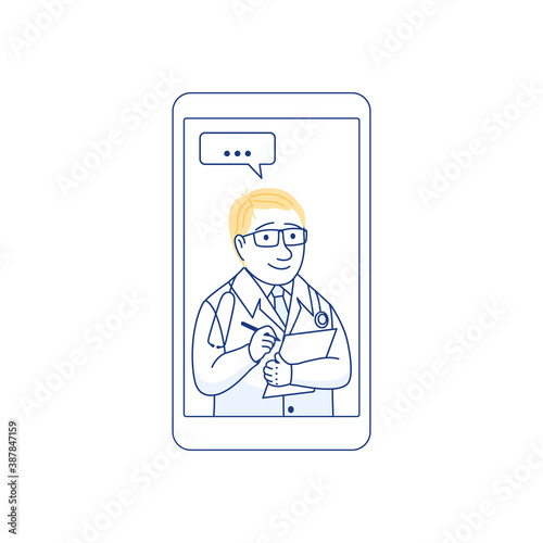Male therapist on chat in smartphone messenger online consultation. Ask doctor concept with checklist. Online medical advise consultation service tele medicine cardiology Flat line vector illustration