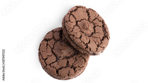 Chocolate brownie cookies with chocolate filling on a white background. High quality photo