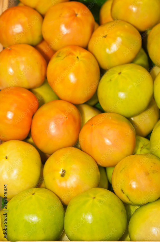 top view, close distance of a group of heirloom tomatoes, on display and for sale at a tropical food market
