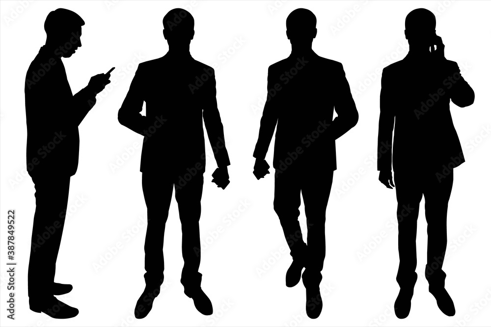 Illustration of a man in a business suit. Set of male black silhouettes ...