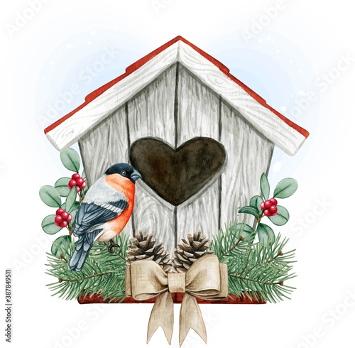 High quality watercolor birdhouse with bullfinch