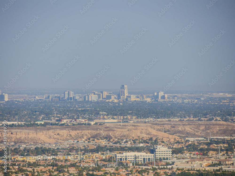 Sunny high angle view of the downtown Las Vegas skyline
