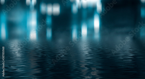 Empty futuristic dramatic scene. Abstract dark landscape, street. Neon light fluid element. Night view, neon blue light. Fantasy background. 3D illustration