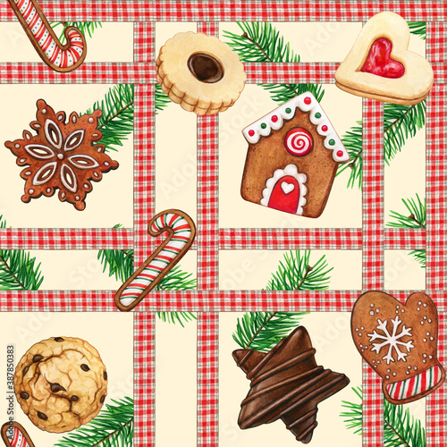 Watercolor high quality gingerbread cookies and checkered ribbon pattern