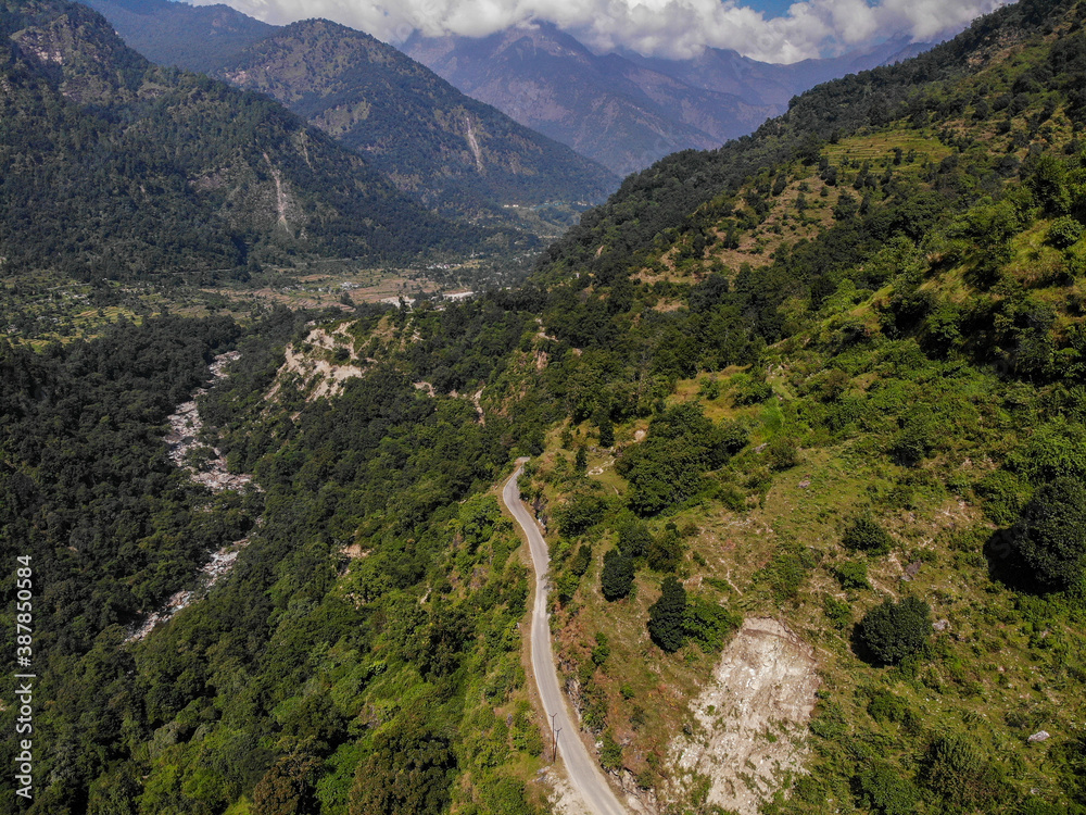 Aerial landscape in the mountains. Bird eye view taken through a drone