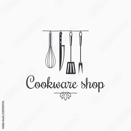 Cookware shop logo. Kitchen utensils on white