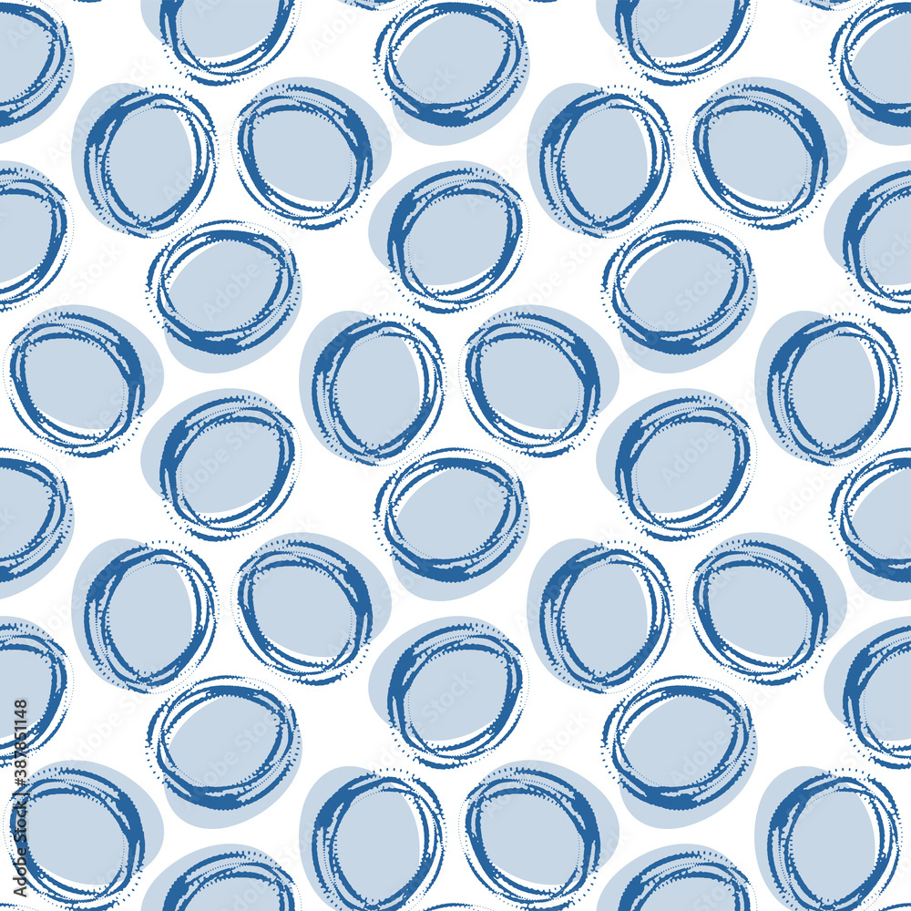 Blue ink circles isolated on white background. Monochrome geometric seamless pattern. Vector flat graphic hand drawn illustration. Texture.