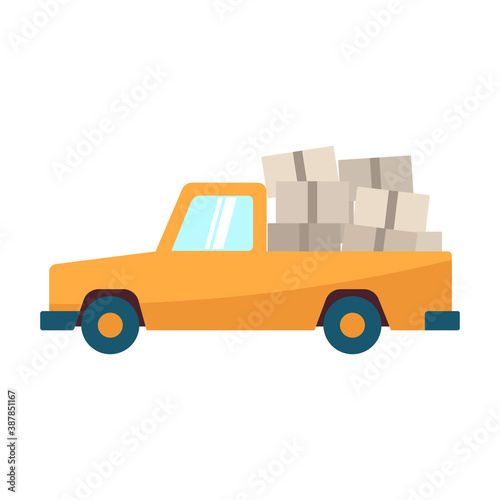 Pickup truck icon. Car loaded with cardboard boxes. Side view. Colored silhouette. Cartoon drawing. Vector flat graphic illustration. The isolated object on a white background. Isolate.