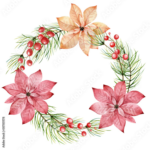 Watercolor christmas wreath. New year 2021. Xmas decor. Hand painted illustration.
