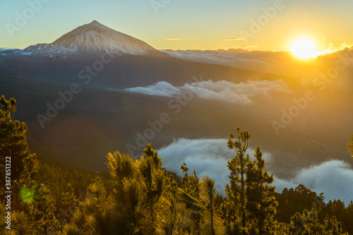 Beautyful canary sunset around the snow covered volcano El Teide