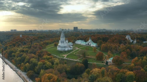 Aerial view of the Church of the Ascension in Kolomenskoye and the Moskva River in autumn. Moscow, Russia photo