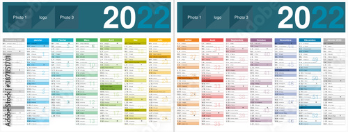 Calendrier 2022 sans vacances format 320 x 420 mm recto verso entièrement modifiable via calques et texte arial

