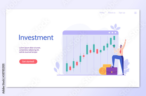 Man successfully invests. Growth of shares. Concept of return on investment, financial solutions, passive income, lucky speculation. Vector illustration in flat design for web banner, landing page