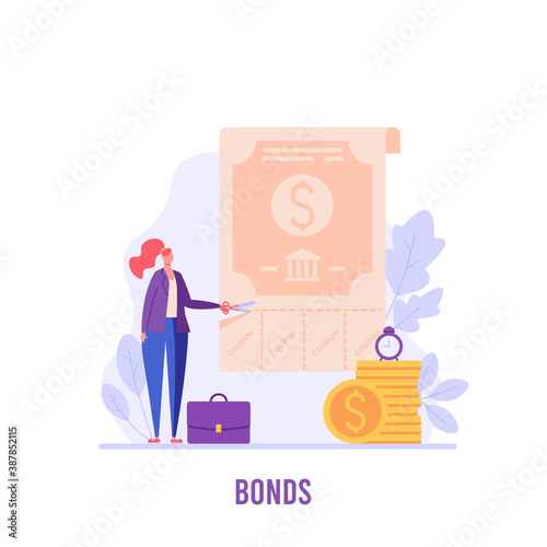 Woman invests in bonds, receive coupons. Concept of return on investment, financial solutions, passive income, government bonds. Vector illustration in flat design for web banner, landing page