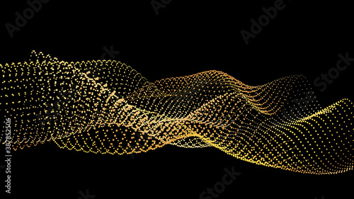 An abstract stream of golden radiance flying in outer space through galaxies and orbits. Star clusters networks.
