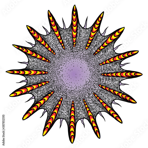 Novel coronavirus COVID-19 art drawing. Pathogenic organism with DNA or RNA in the middle. Infectious agent, flu contamination, air pollution, dust, airborne pollen allergen particles. Vector.