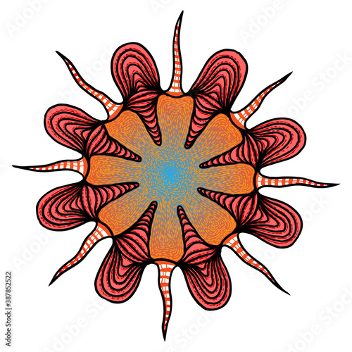 Novel coronavirus COVID-19 art drawing. Pathogenic organism with DNA or RNA in the middle. Infectious agent, flu contamination, air pollution, dust, airborne pollen allergen particles. Vector.