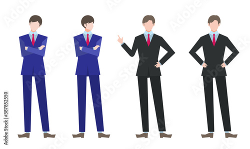 スーツ姿の男性・会社員・腰に手を当てる・腕を組んで悩む　自信　疑問