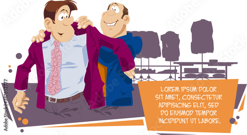 Fitting in atelier. Businessman trying on suit. Man helps to dress friend.