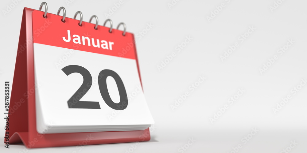 January 20 date written in German on the flip calendar page. 3d rendering