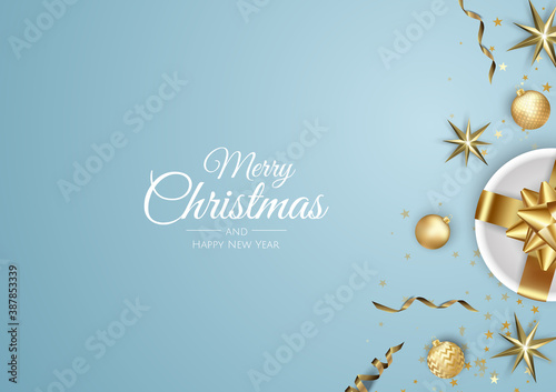 Merry Christmas and Happy New Year Holiday white banner illustration. Xmas design with realistic vector 3d objects, golden christmass ball, snowflake, glitter gold confetti.