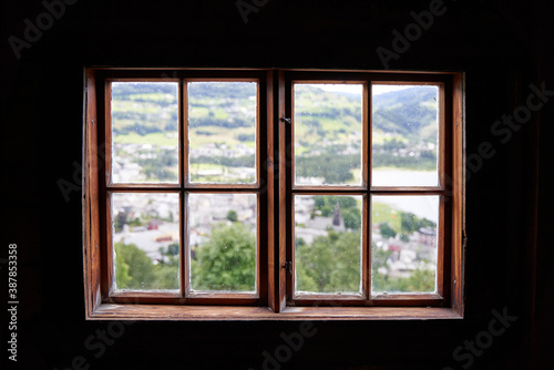 Old, traditional wooden window with view, Voss, Norway