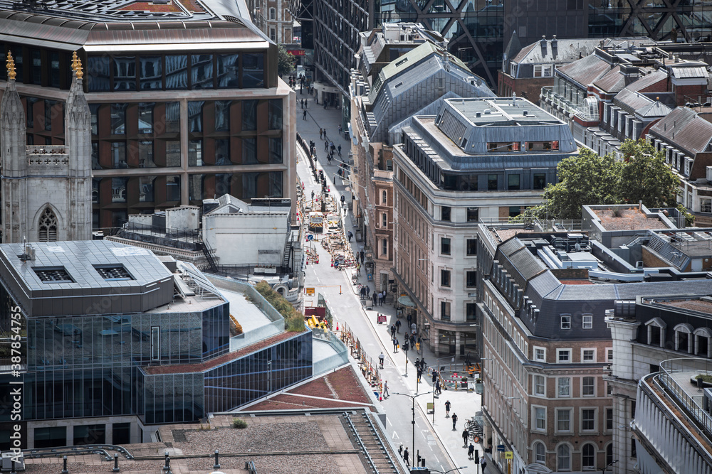 City of London view, business and office area, with roads and traffic. London UK, 2020